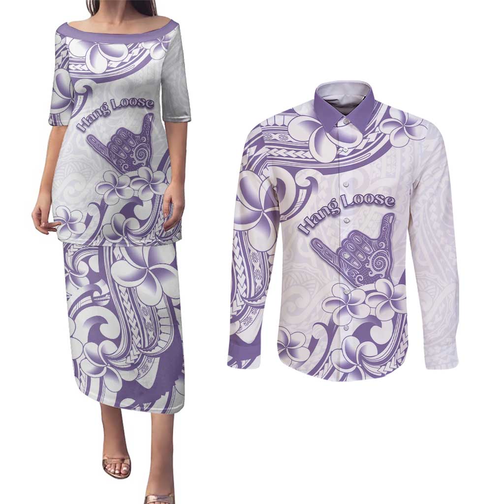 Aloha Hawaii Shaka Couples Matching Puletasi and Long Sleeve Button Shirt Hang Loose Purple Version DT05 Purple - Polynesian Pride
