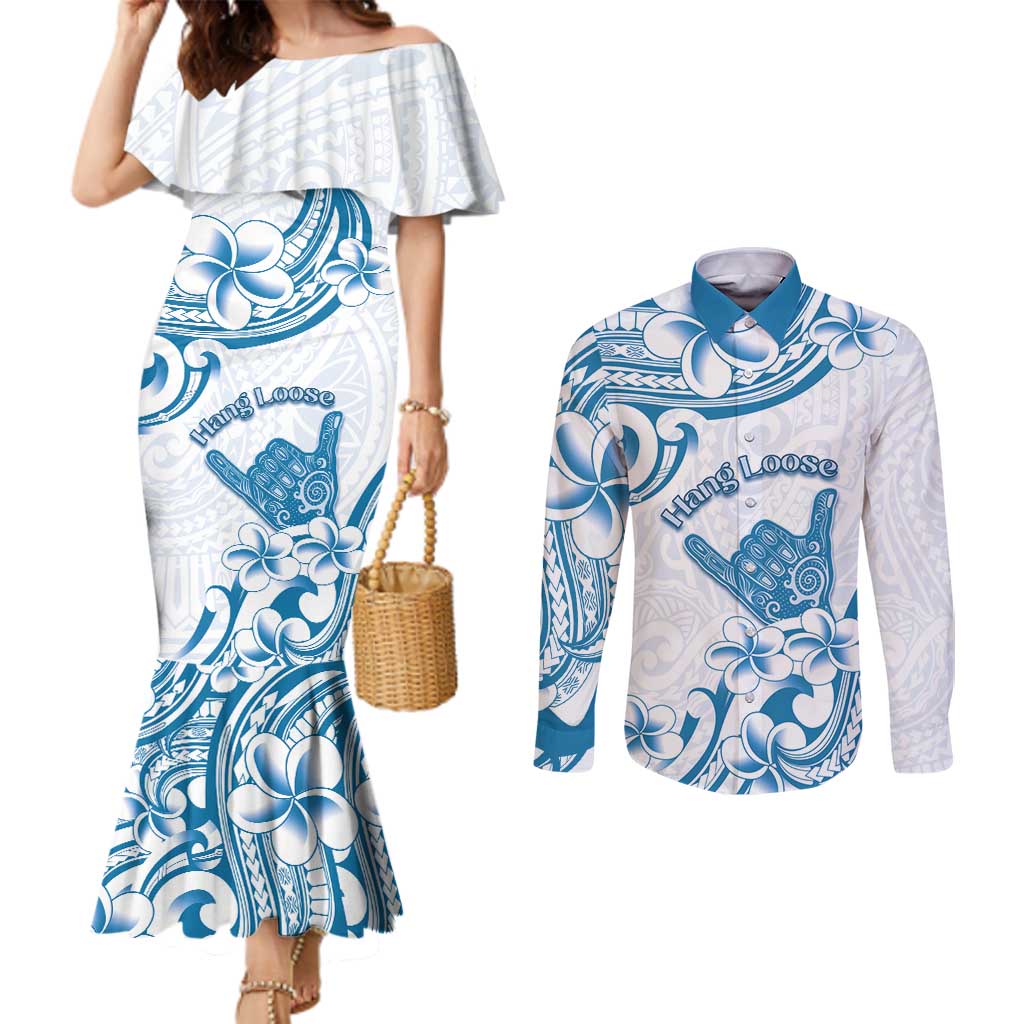 Aloha Hawaii Shaka Couples Matching Mermaid Dress and Long Sleeve Button Shirt Hang Loose Blue Version - Polynesian Pride