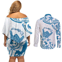 Aloha Hawaii Shaka Couples Matching Off Shoulder Short Dress and Long Sleeve Button Shirt Hang Loose Blue Version - Polynesian Pride