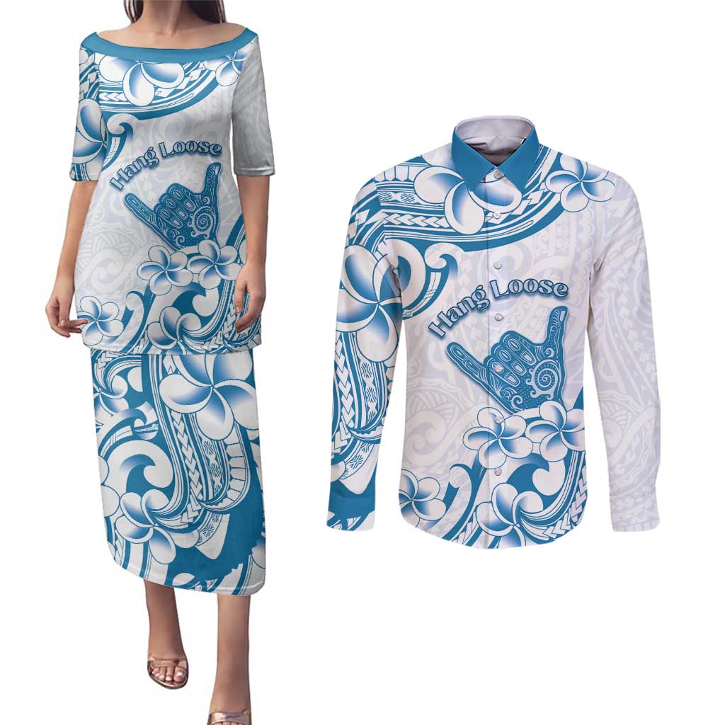 Aloha Hawaii Shaka Couples Matching Puletasi and Long Sleeve Button Shirt Hang Loose Blue Version DT05 Blue - Polynesian Pride