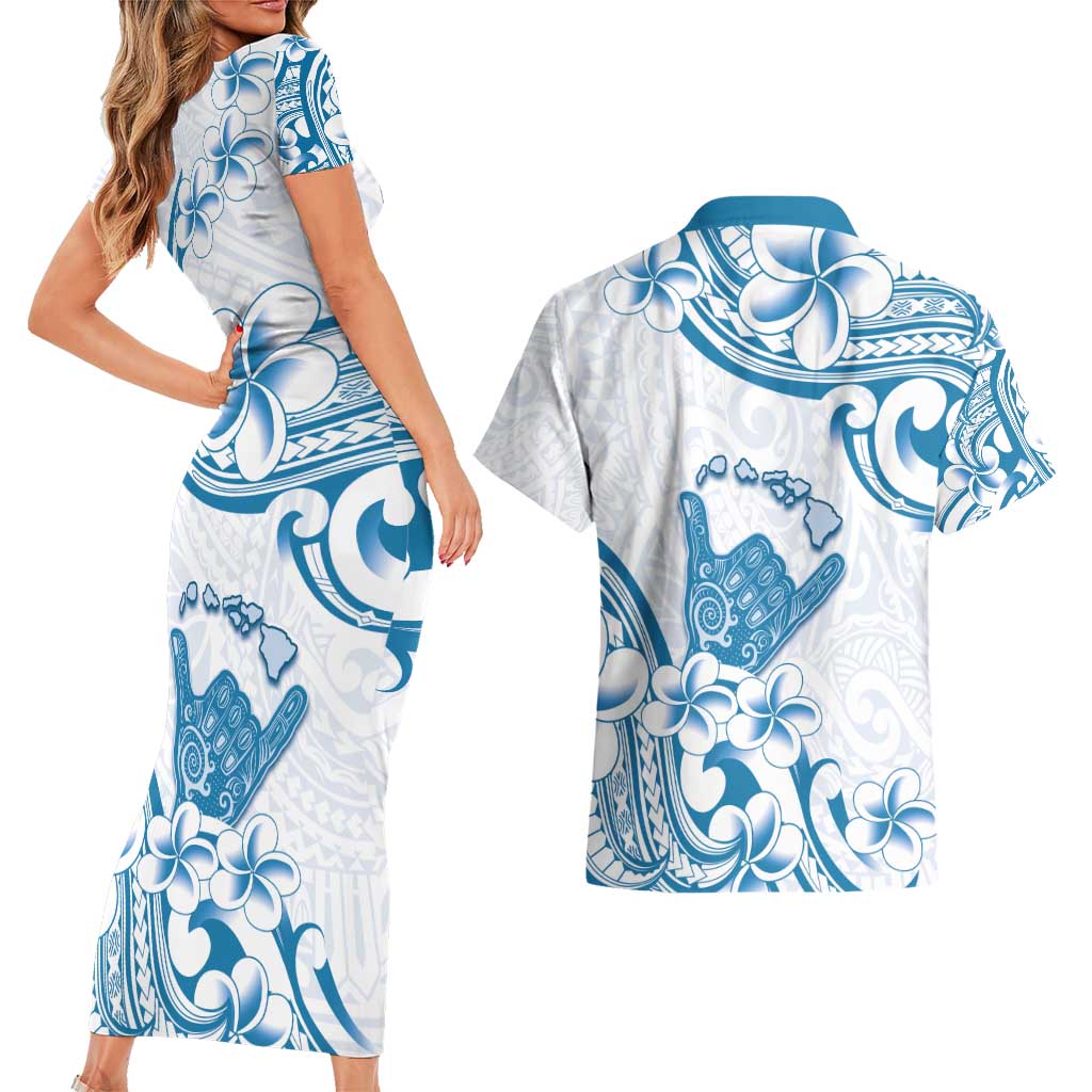 Aloha Hawaii Shaka Couples Matching Short Sleeve Bodycon Dress and Hawaiian Shirt Hang Loose Blue Version - Polynesian Pride