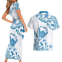 Aloha Hawaii Shaka Couples Matching Short Sleeve Bodycon Dress and Hawaiian Shirt Hang Loose Blue Version - Polynesian Pride