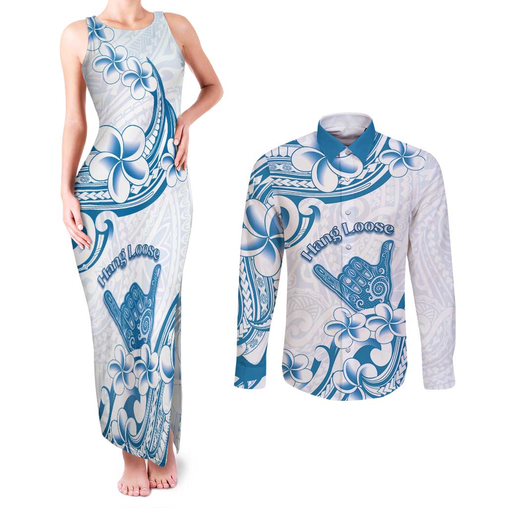 Aloha Hawaii Shaka Couples Matching Tank Maxi Dress and Long Sleeve Button Shirt Hang Loose Blue Version - Polynesian Pride