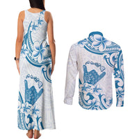 Aloha Hawaii Shaka Couples Matching Tank Maxi Dress and Long Sleeve Button Shirt Hang Loose Blue Version - Polynesian Pride