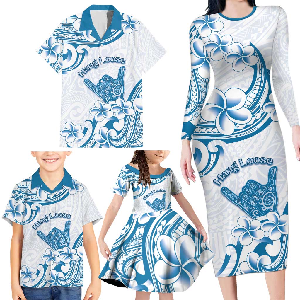 Aloha Hawaii Shaka Family Matching Long Sleeve Bodycon Dress and Hawaiian Shirt Hang Loose Blue Version - Polynesian Pride