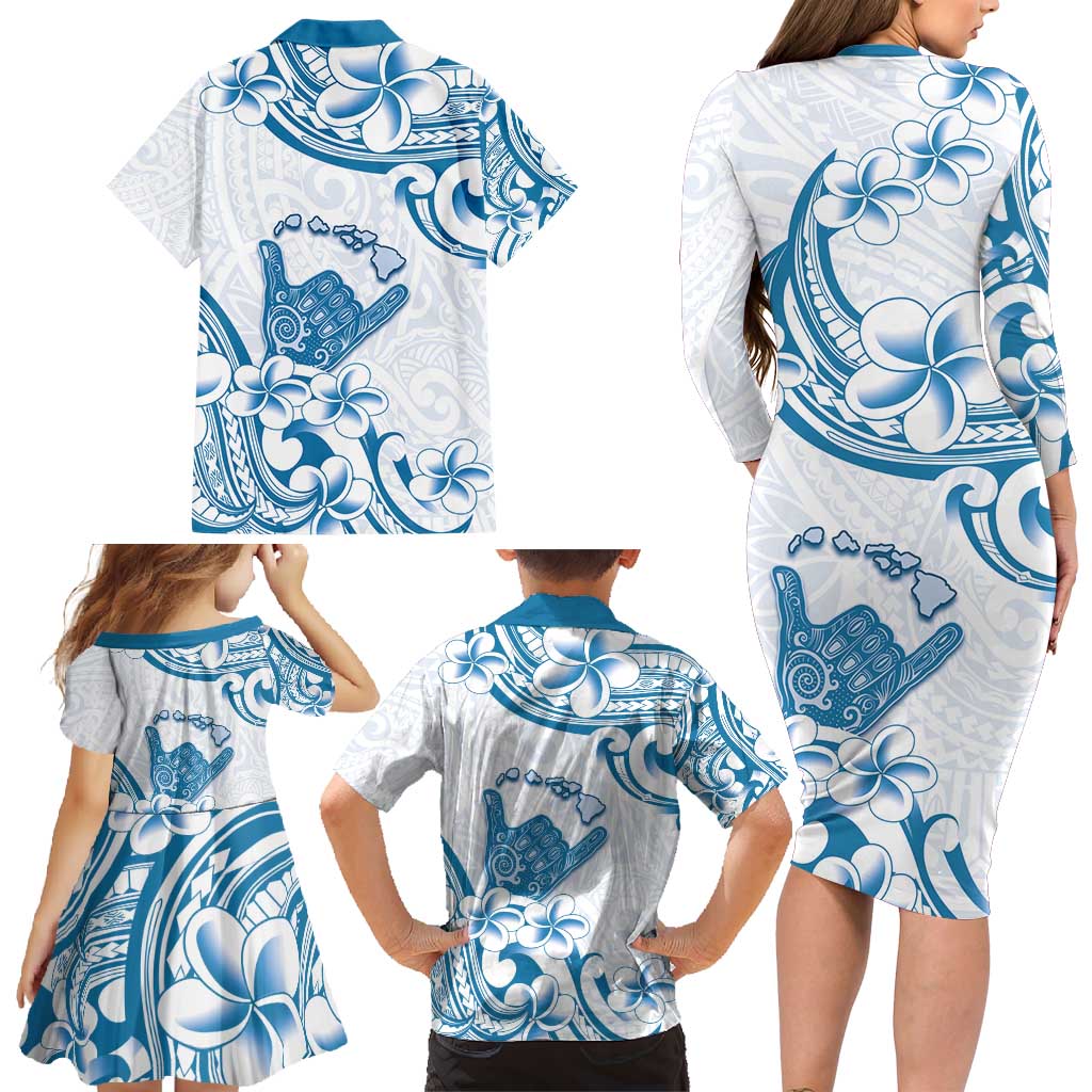 Aloha Hawaii Shaka Family Matching Long Sleeve Bodycon Dress and Hawaiian Shirt Hang Loose Blue Version - Polynesian Pride