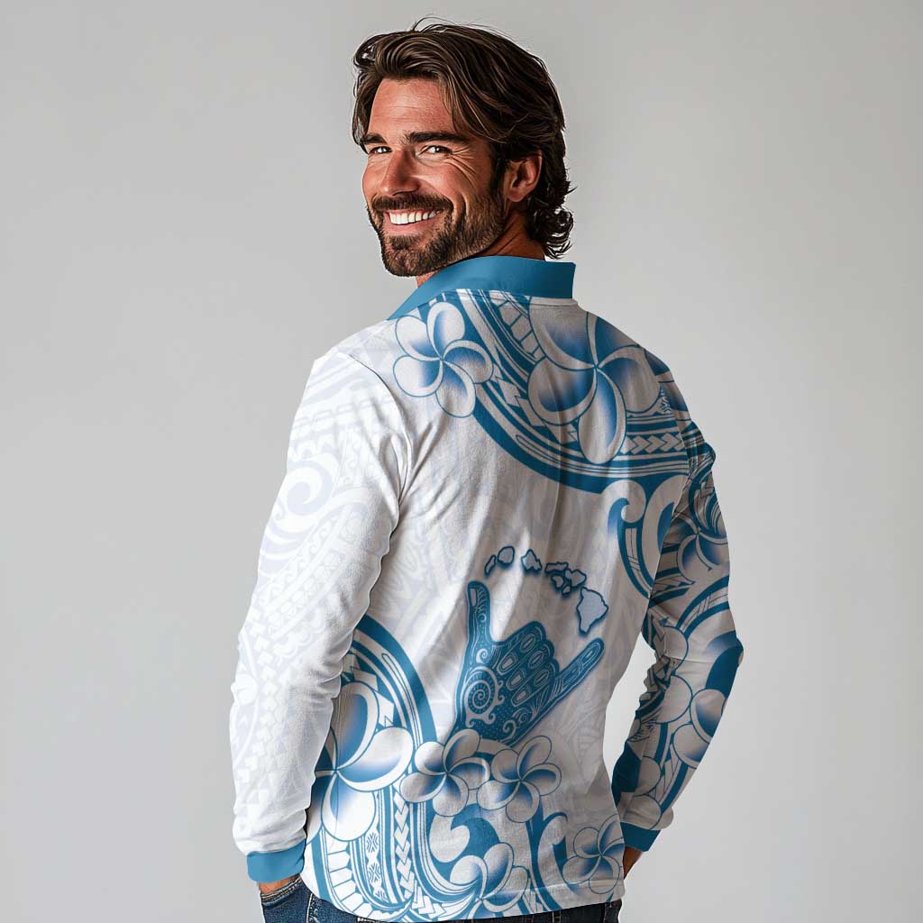 Aloha Hawaii Shaka Long Sleeve Polo Shirt Hang Loose Blue Version - Polynesian Pride