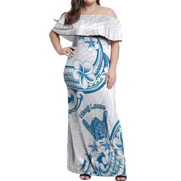 Aloha Hawaii Shaka Off Shoulder Maxi Dress Hang Loose Blue Version -  Polynesian Pride