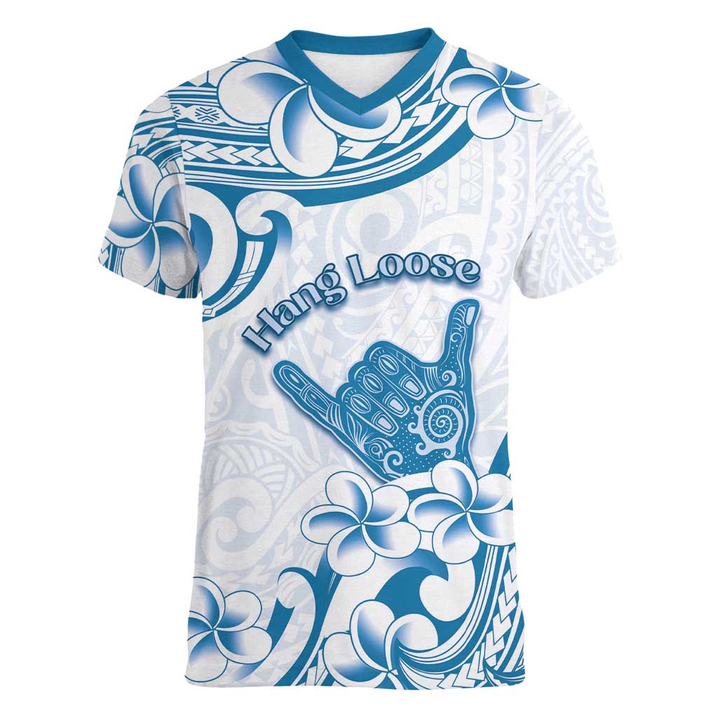 Aloha Hawaii Shaka Women V-Neck T-Shirt Hang Loose Blue Version DT05 Female Blue - Polynesian Pride