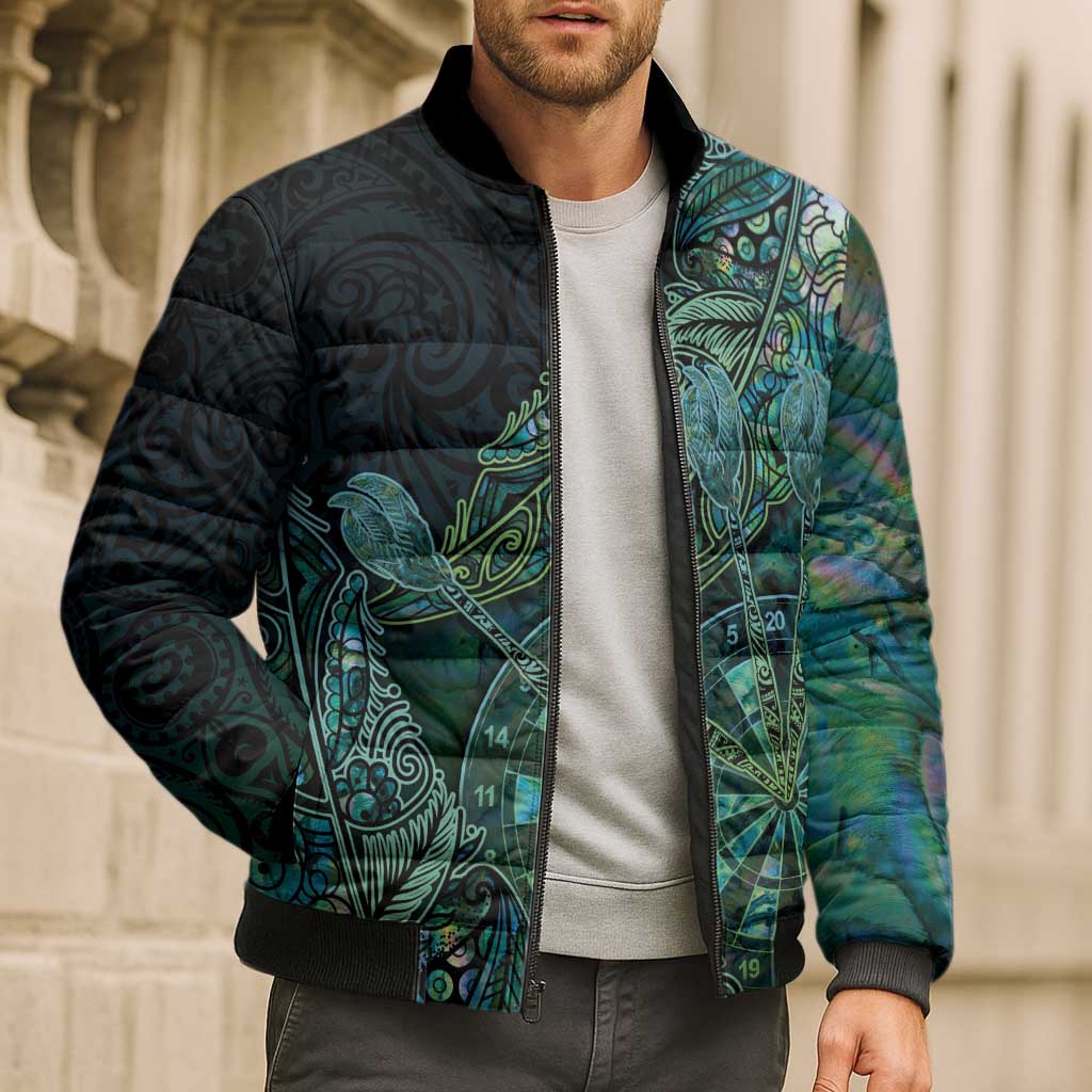 Personalised New Zealand Dart Bomber Puffer Jacket Maori Fern With Paua Shell - Polynesian Pride