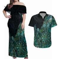 Personalised New Zealand Dart Couples Matching Off Shoulder Maxi Dress and Hawaiian Shirt Maori Fern With Paua Shell - Polynesian Pride