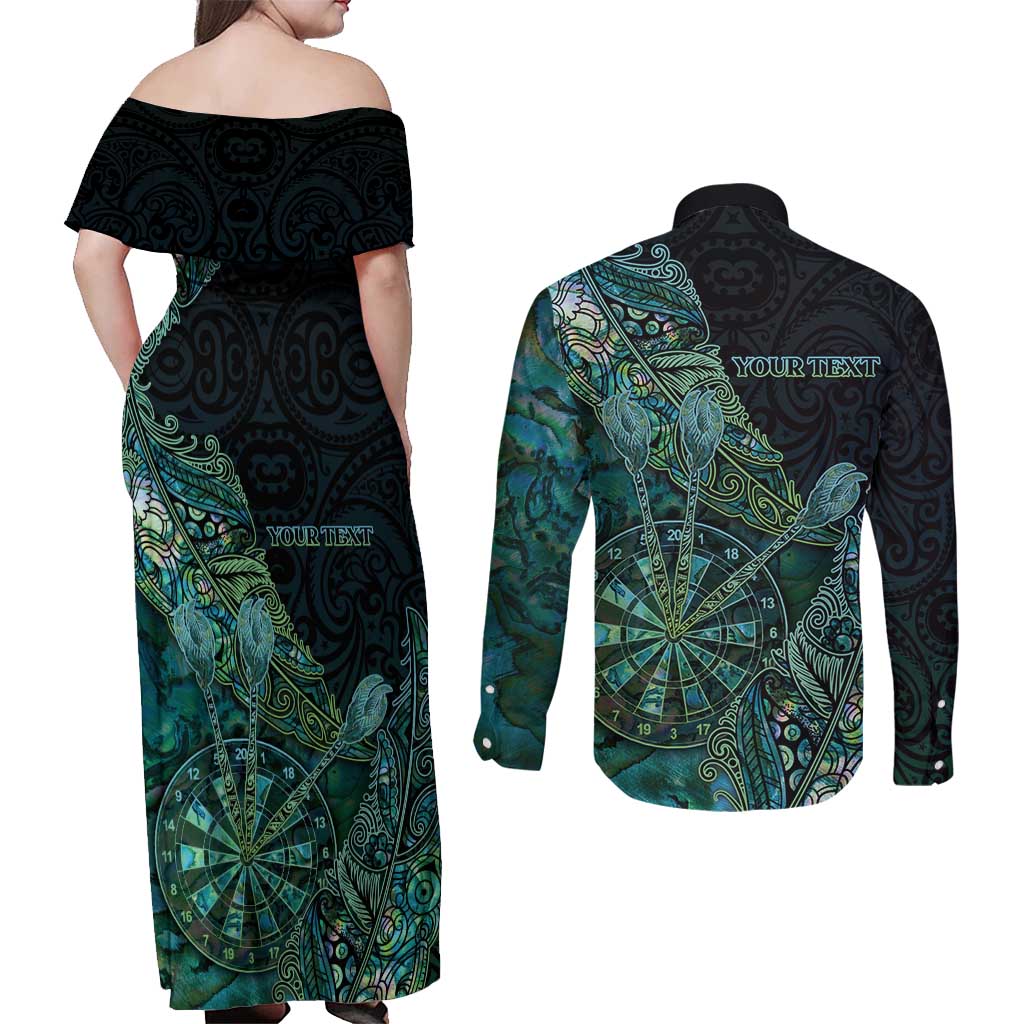 Personalised New Zealand Dart Couples Matching Off Shoulder Maxi Dress and Long Sleeve Button Shirt Maori Fern With Paua Shell - Polynesian Pride