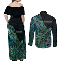Personalised New Zealand Dart Couples Matching Off Shoulder Maxi Dress and Long Sleeve Button Shirt Maori Fern With Paua Shell - Polynesian Pride
