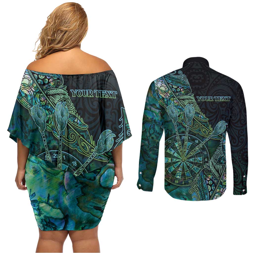 Personalised New Zealand Dart Couples Matching Off Shoulder Short Dress and Long Sleeve Button Shirt Maori Fern With Paua Shell - Polynesian Pride