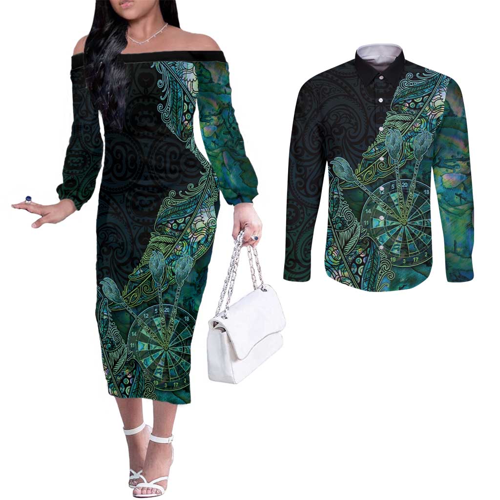Personalised New Zealand Dart Couples Matching Off The Shoulder Long Sleeve Dress and Long Sleeve Button Shirt Maori Fern With Paua Shell - Polynesian Pride