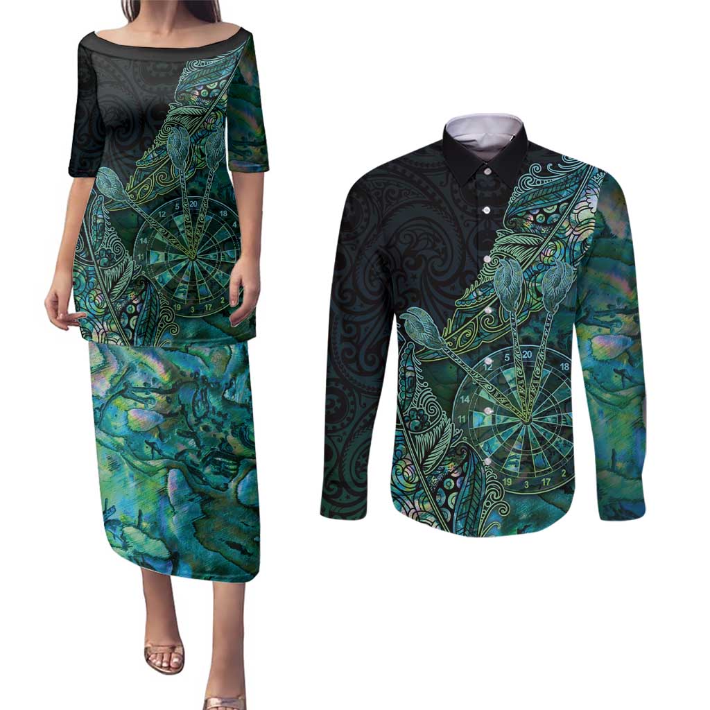 Personalised New Zealand Dart Couples Matching Puletasi and Long Sleeve Button Shirt Maori Fern With Paua Shell - Polynesian Pride
