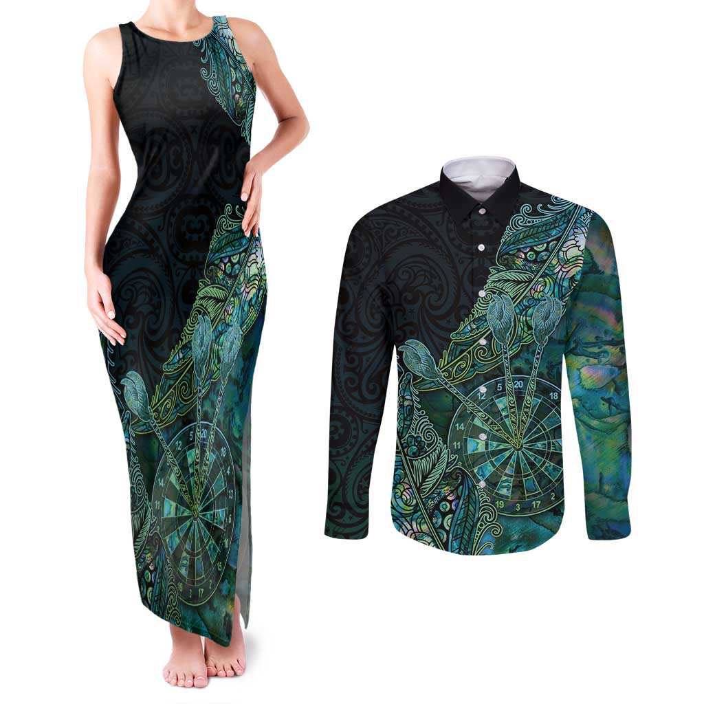 Personalised New Zealand Dart Couples Matching Tank Maxi Dress and Long Sleeve Button Shirt Maori Fern With Paua Shell - Polynesian Pride