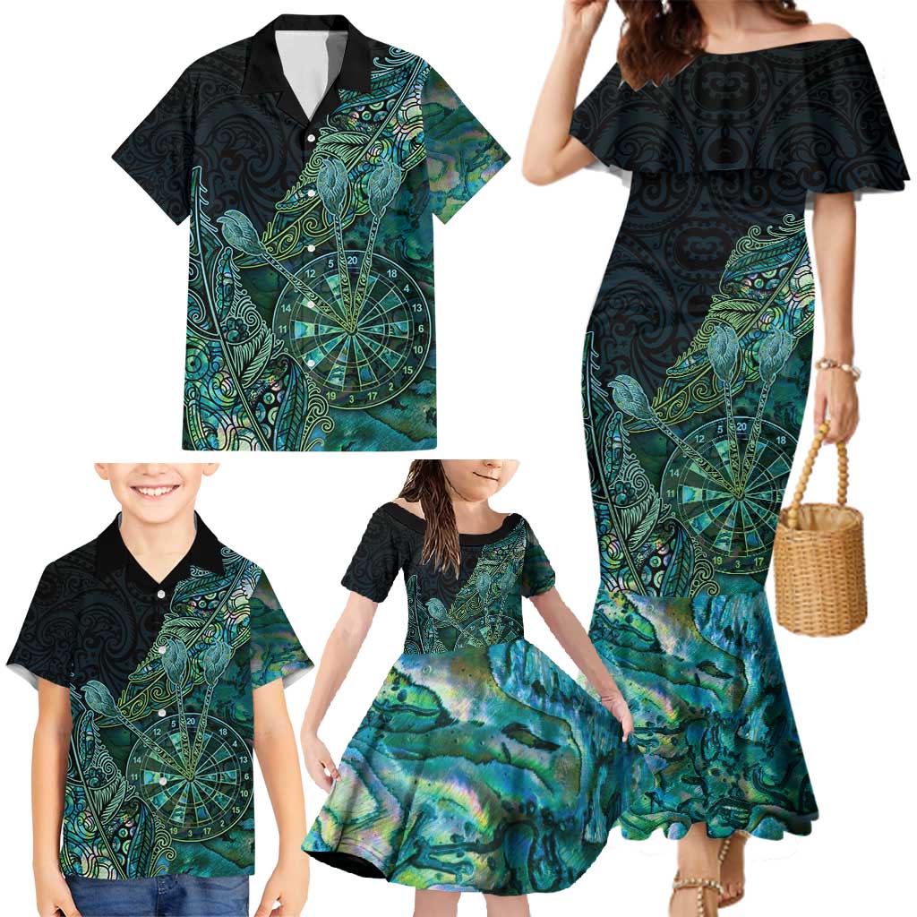 Personalised New Zealand Dart Family Matching Mermaid Dress and Hawaiian Shirt Maori Fern With Paua Shell - Polynesian Pride
