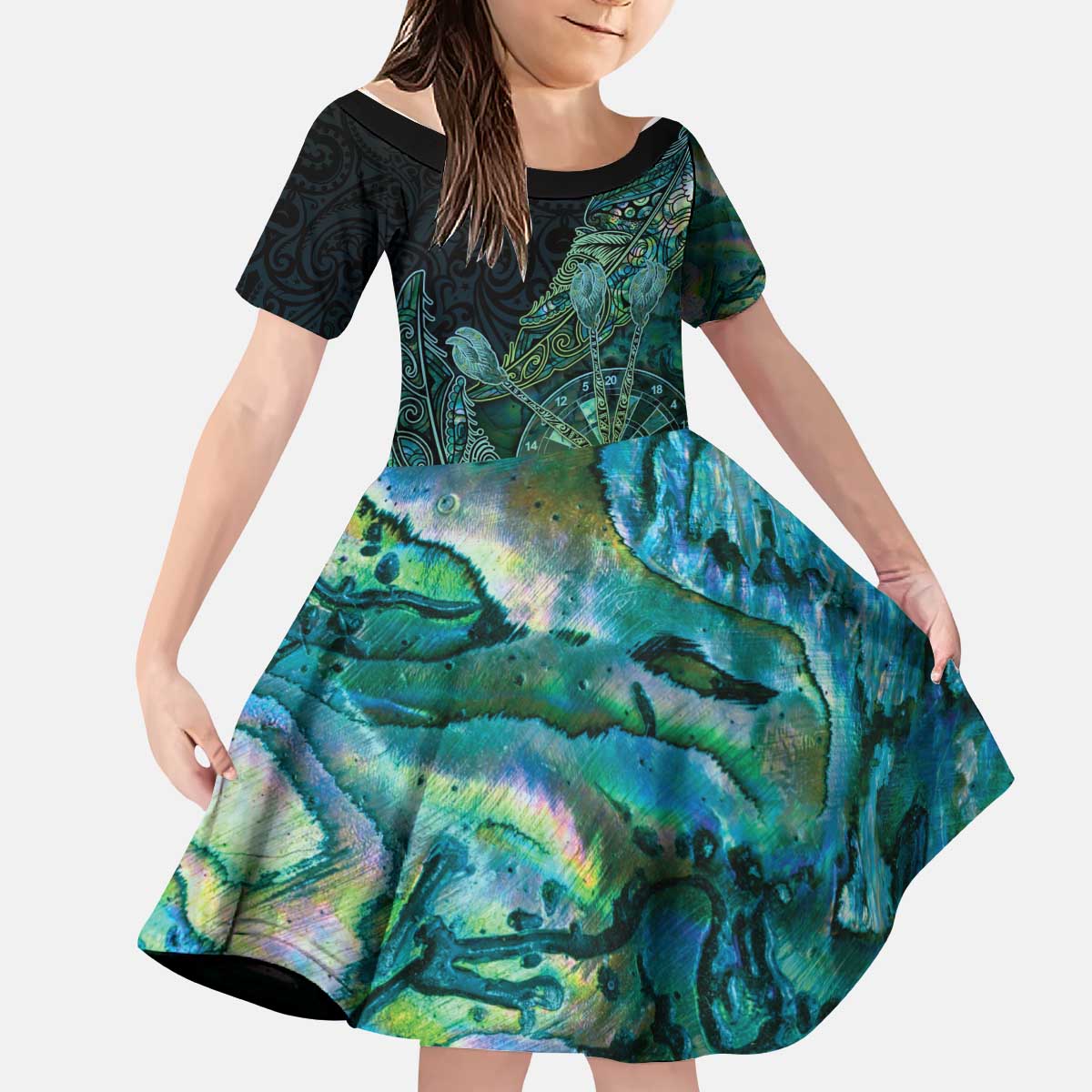 Personalised New Zealand Dart Kid Short Sleeve Dress Maori Fern With Paua Shell - Polynesian Pride