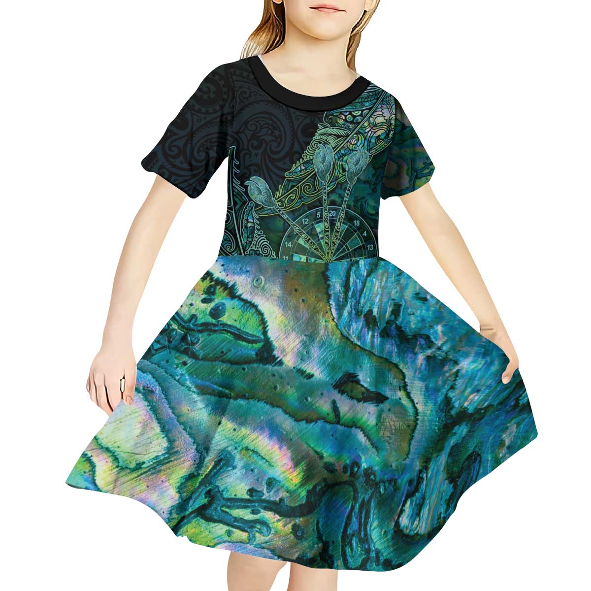 Personalised New Zealand Dart Kid Short Sleeve Dress Maori Fern With Paua Shell - Polynesian Pride