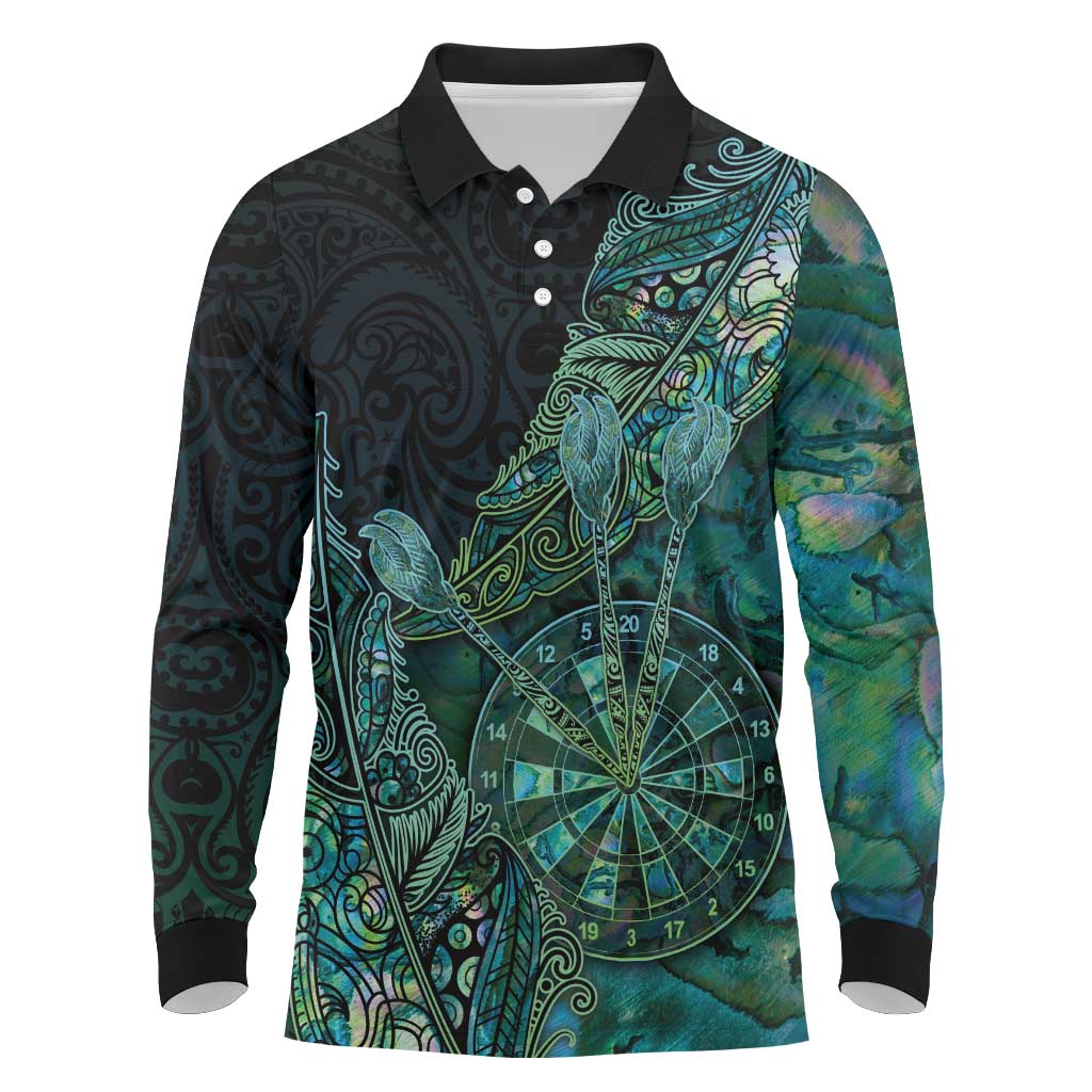 Personalised New Zealand Dart Long Sleeve Polo Shirt Maori Fern With Paua Shell - Polynesian Pride