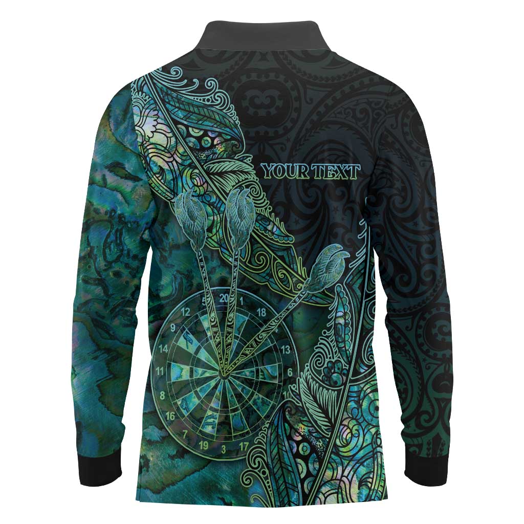 Personalised New Zealand Dart Long Sleeve Polo Shirt Maori Fern With Paua Shell - Polynesian Pride