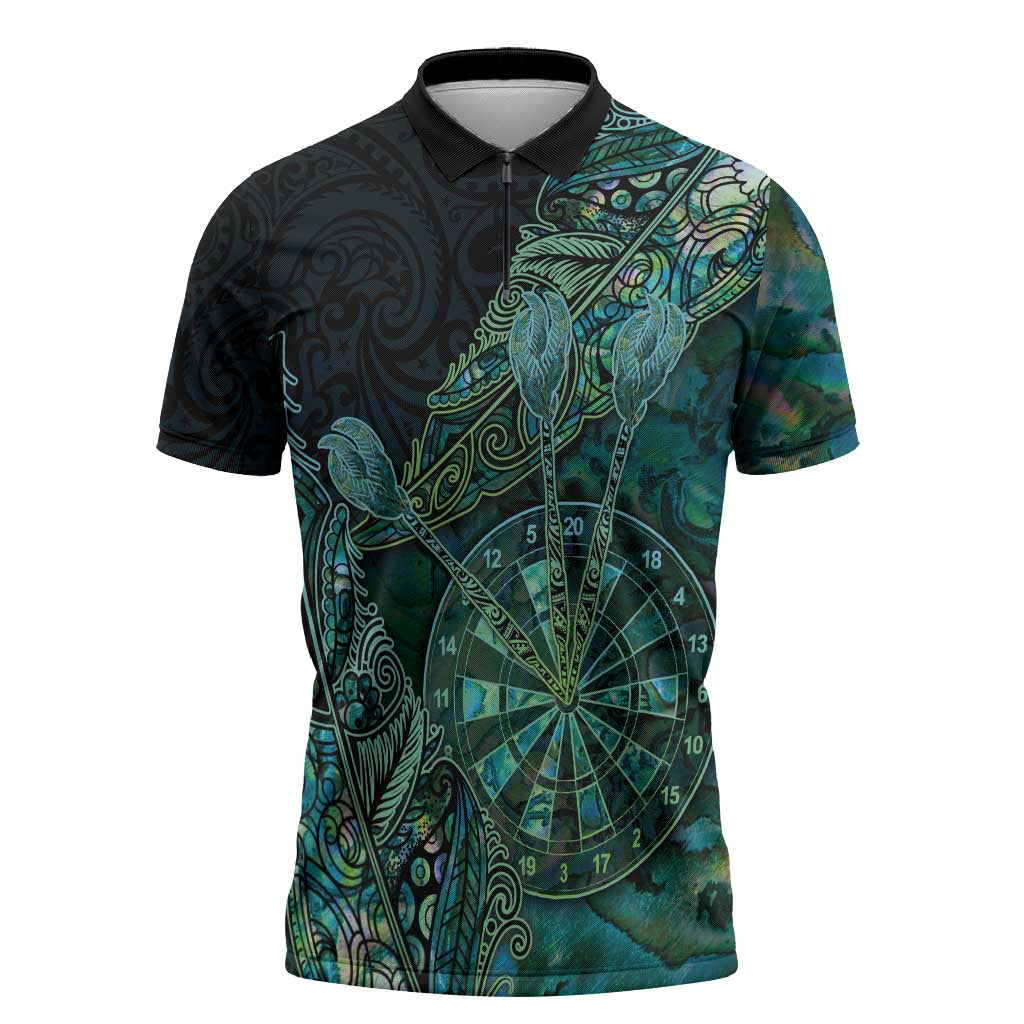 Personalised New Zealand Dart Zipper Polo Shirt Maori Fern With Paua Shell - Polynesian Pride