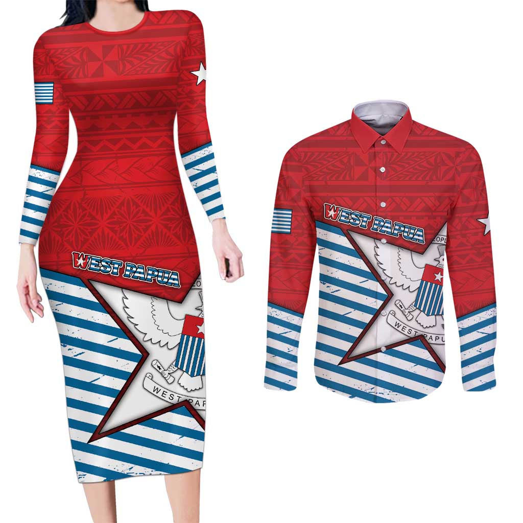 West Papua Morning Star Couples Matching Long Sleeve Bodycon Dress and Long Sleeve Button Shirt One People One Soul DT05 Red - Polynesian Pride