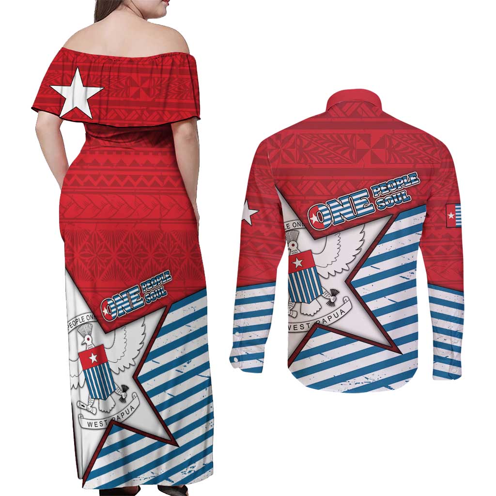 West Papua Morning Star Couples Matching Off Shoulder Maxi Dress and Long Sleeve Button Shirt One People One Soul - Polynesian Pride