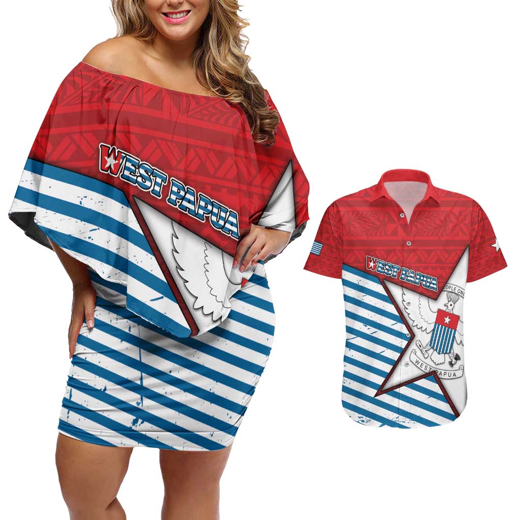 West Papua Morning Star Couples Matching Off Shoulder Short Dress and Hawaiian Shirt One People One Soul - Polynesian Pride