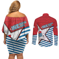 West Papua Morning Star Couples Matching Off Shoulder Short Dress and Long Sleeve Button Shirt One People One Soul - Polynesian Pride