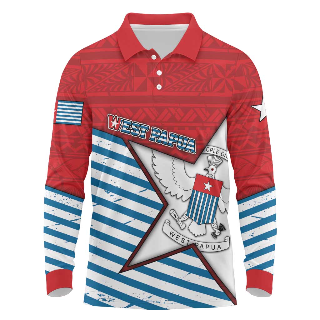 West Papua Morning Star Long Sleeve Polo Shirt One People One Soul DT05 Red - Polynesian Pride