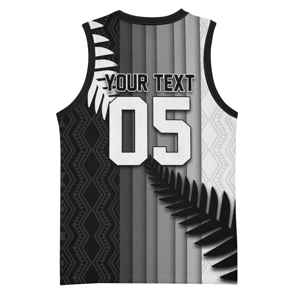 Custom New Zealand Football Basketball Jersey Silver Fern Maori Pattern Monochrome