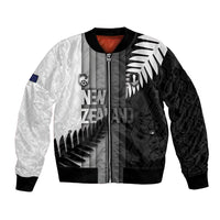 Custom New Zealand Football Bomber Jacket Silver Fern Maori Pattern Monochrome DT05 Unisex White - Polynesian Pride