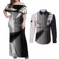 Custom New Zealand Football Couples Matching Off Shoulder Maxi Dress and Long Sleeve Button Shirt Silver Fern Maori Pattern Monochrome