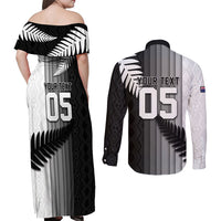 Custom New Zealand Football Couples Matching Off Shoulder Maxi Dress and Long Sleeve Button Shirt Silver Fern Maori Pattern Monochrome