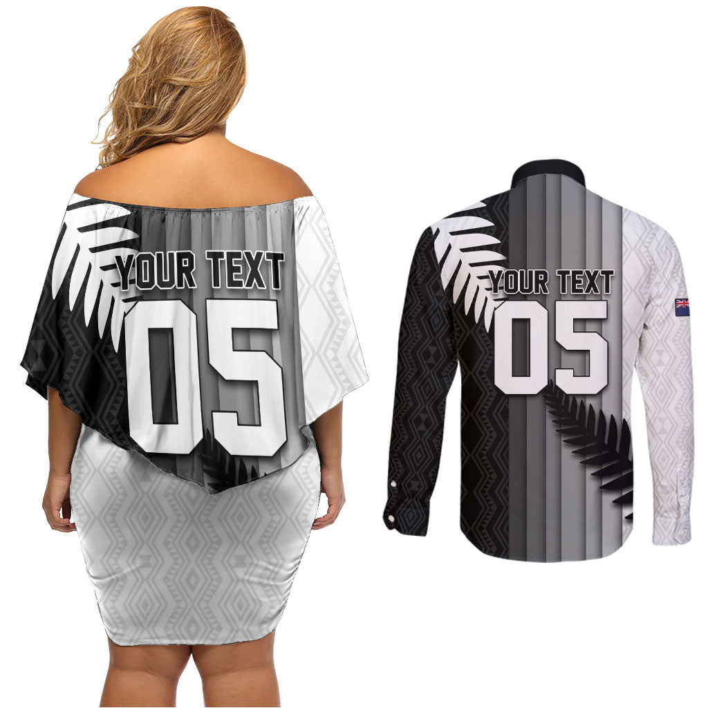 Custom New Zealand Football Couples Matching Off Shoulder Short Dress and Long Sleeve Button Shirt Silver Fern Maori Pattern Monochrome