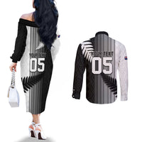 Custom New Zealand Football Couples Matching Off The Shoulder Long Sleeve Dress and Long Sleeve Button Shirt Silver Fern Maori Pattern Monochrome