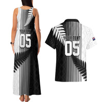 Custom New Zealand Football Couples Matching Tank Maxi Dress and Hawaiian Shirt Silver Fern Maori Pattern Monochrome
