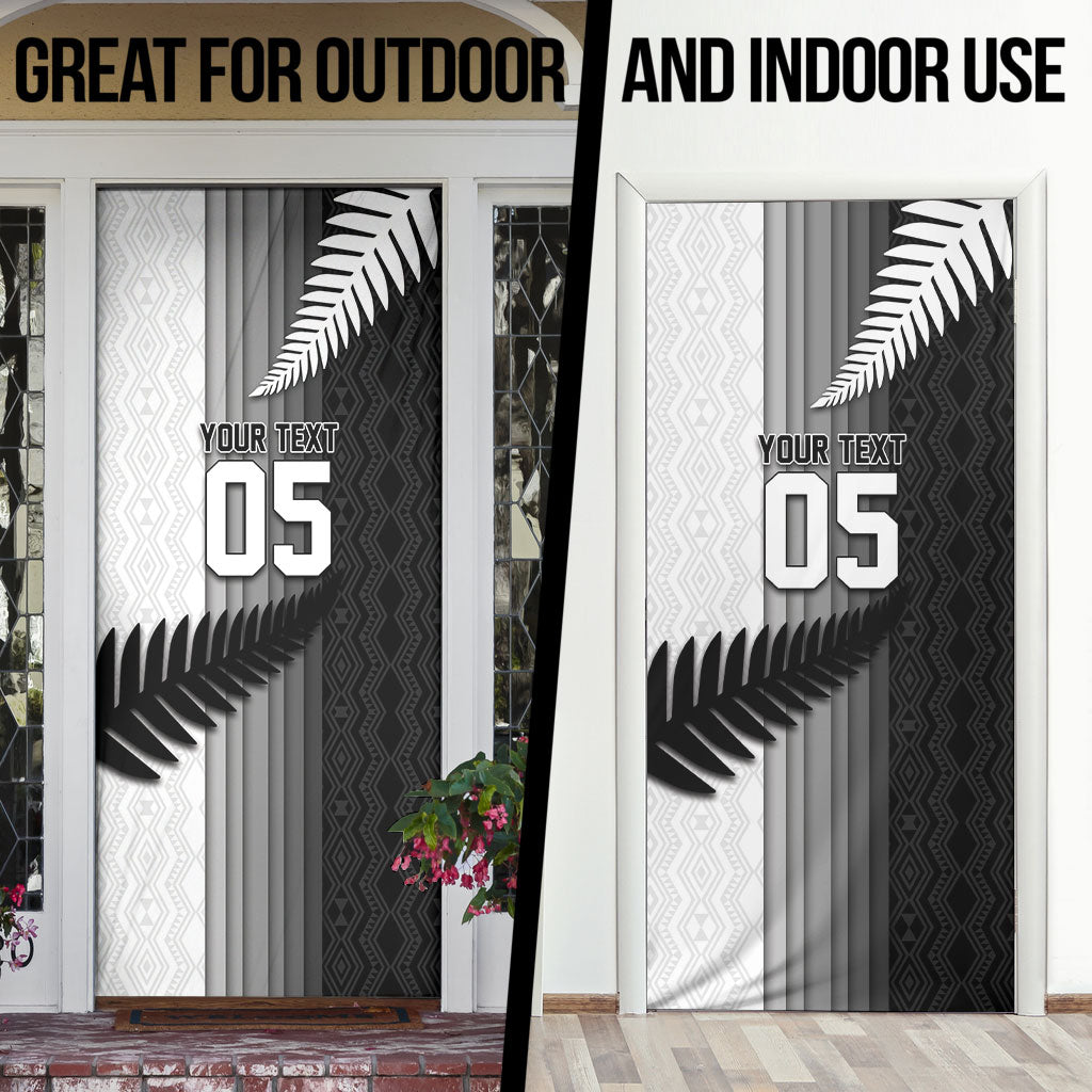 Custom New Zealand Football Door Cover Silver Fern Maori Pattern Monochrome