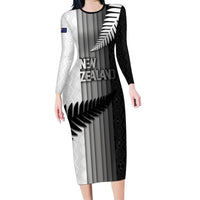 Custom New Zealand Football Family Matching Long Sleeve Bodycon Dress and Hawaiian Shirt Silver Fern Maori Pattern Monochrome