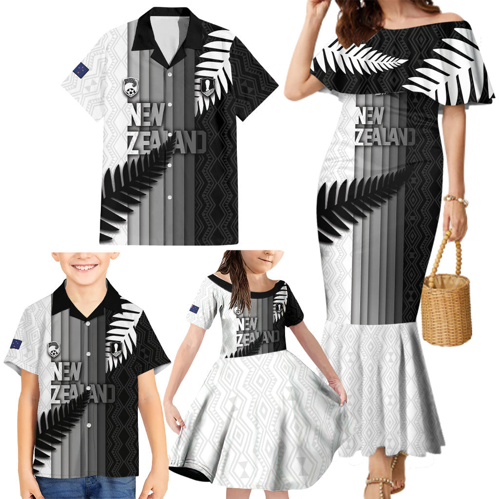 Custom New Zealand Football Family Matching Mermaid Dress and Hawaiian Shirt Silver Fern Maori Pattern Monochrome