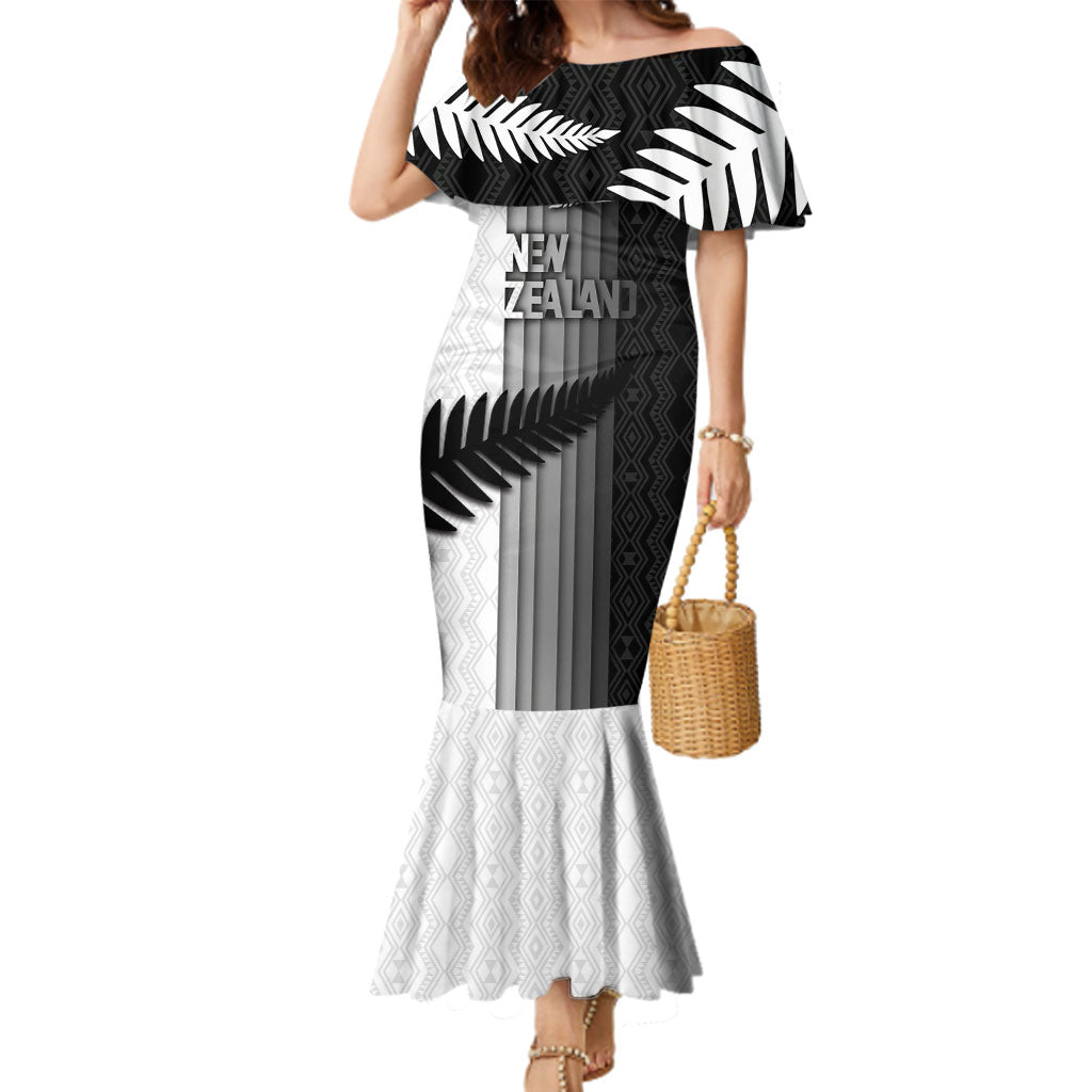 Custom New Zealand Football Family Matching Mermaid Dress and Hawaiian Shirt Silver Fern Maori Pattern Monochrome