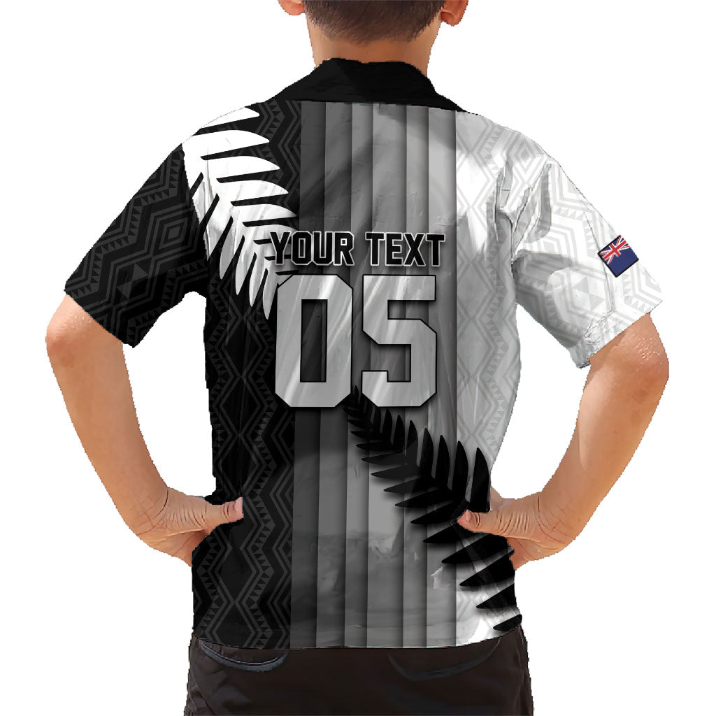 Custom New Zealand Football Family Matching Off The Shoulder Long Sleeve Dress and Hawaiian Shirt Silver Fern Maori Pattern Monochrome