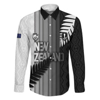 Custom New Zealand Football Family Matching Off The Shoulder Long Sleeve Dress and Hawaiian Shirt Silver Fern Maori Pattern Monochrome