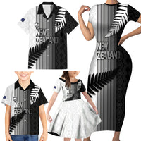 Custom New Zealand Football Family Matching Short Sleeve Bodycon Dress and Hawaiian Shirt Silver Fern Maori Pattern Monochrome