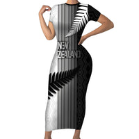 Custom New Zealand Football Family Matching Short Sleeve Bodycon Dress and Hawaiian Shirt Silver Fern Maori Pattern Monochrome