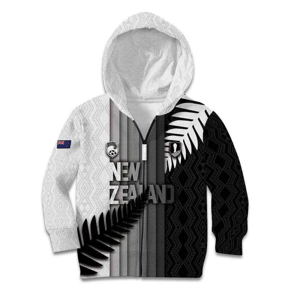 Custom New Zealand Football Kid Hoodie Silver Fern Maori Pattern Monochrome
