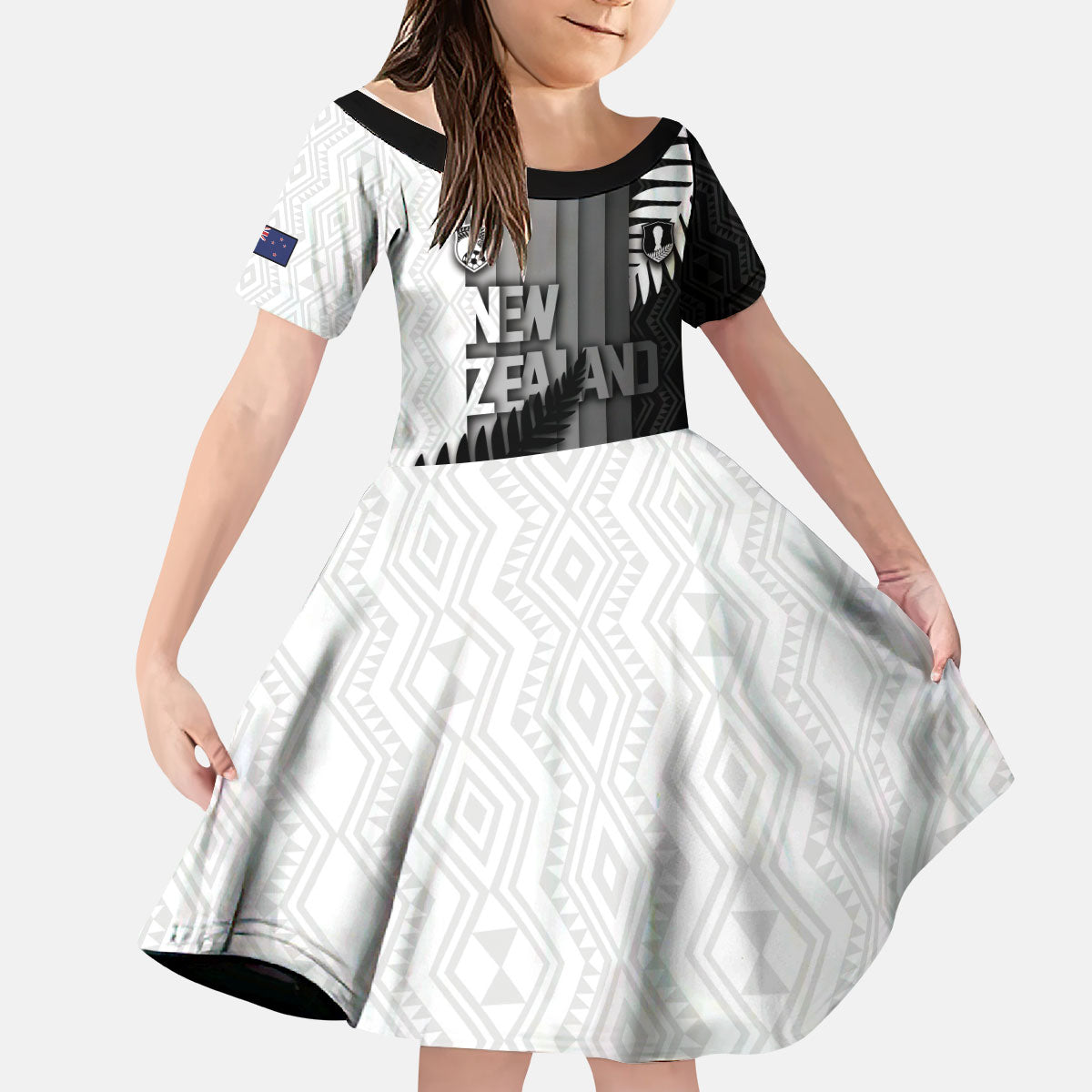 Custom New Zealand Football Kid Short Sleeve Dress Silver Fern Maori Pattern Monochrome
