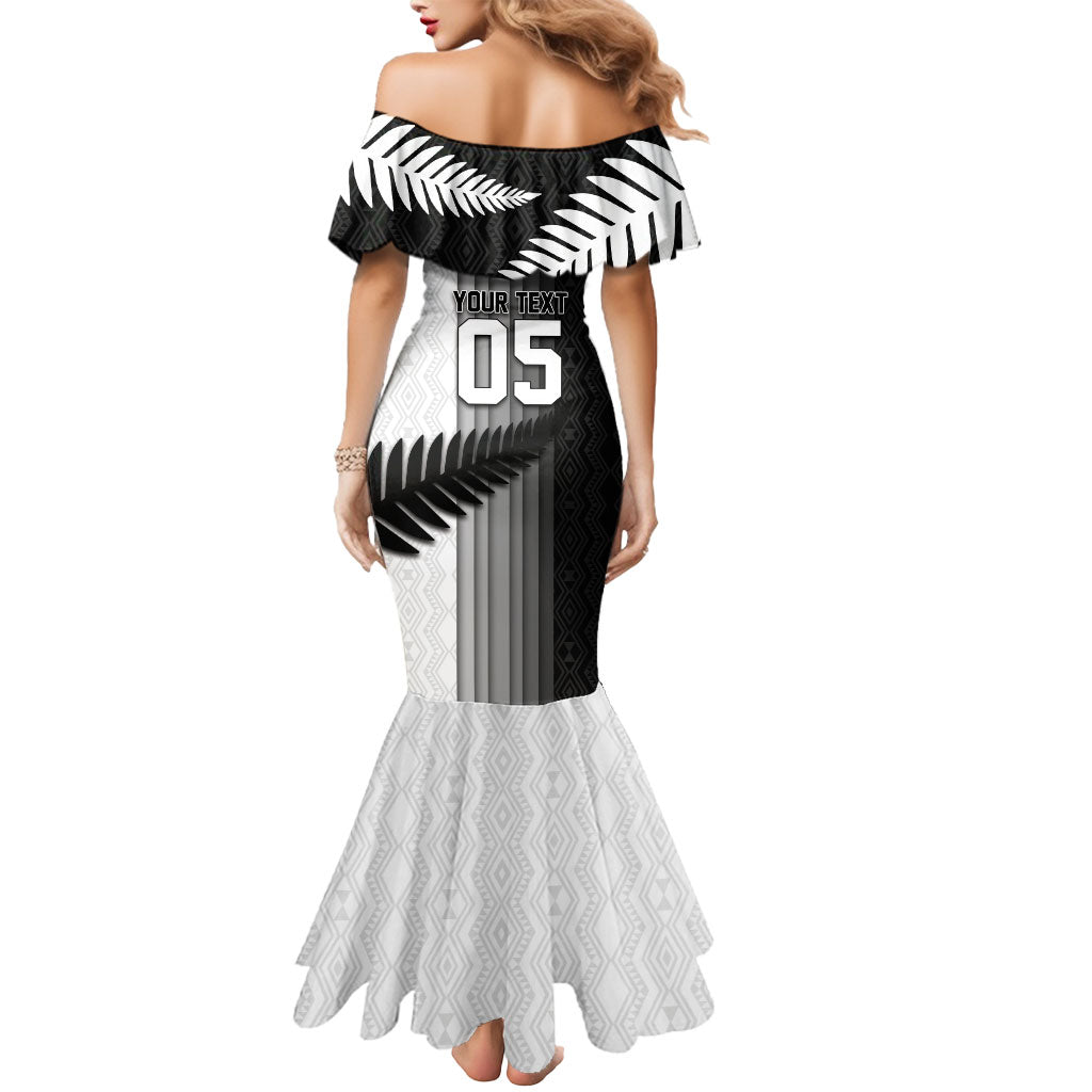 Custom New Zealand Football Mermaid Dress Silver Fern Maori Pattern Monochrome